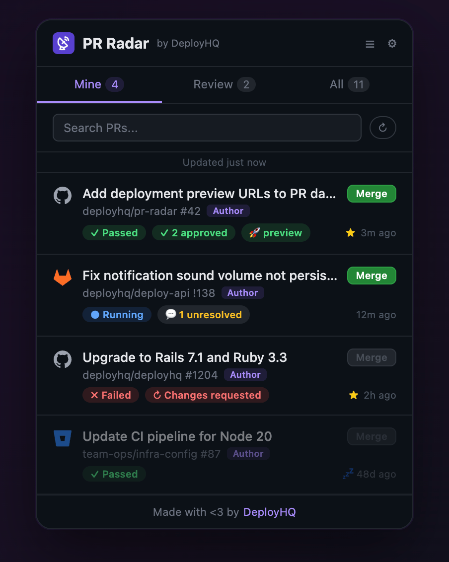 PR Radar dashboard showing open pull requests with CI status, reviews, and deployments