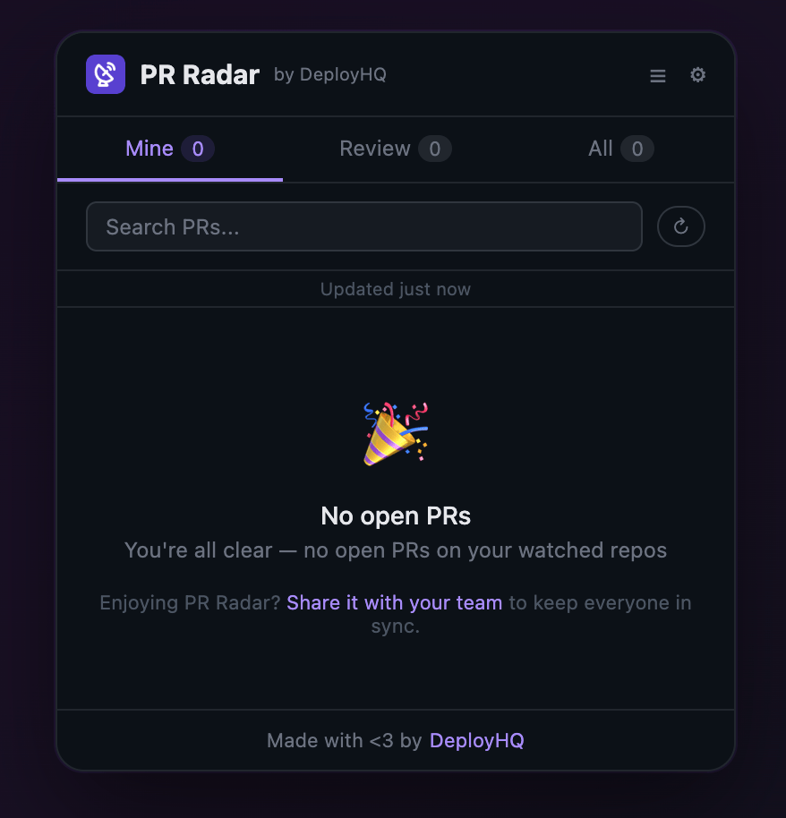 PR Radar empty state — no open PRs, you're all clear