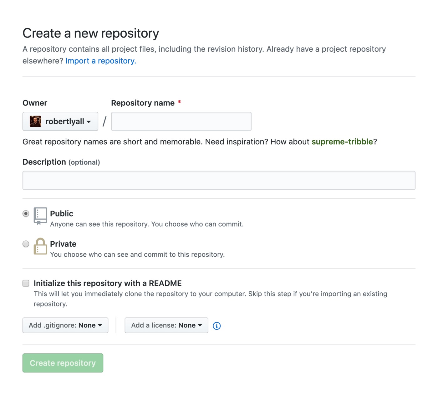 GitHub Repository Creation Screen