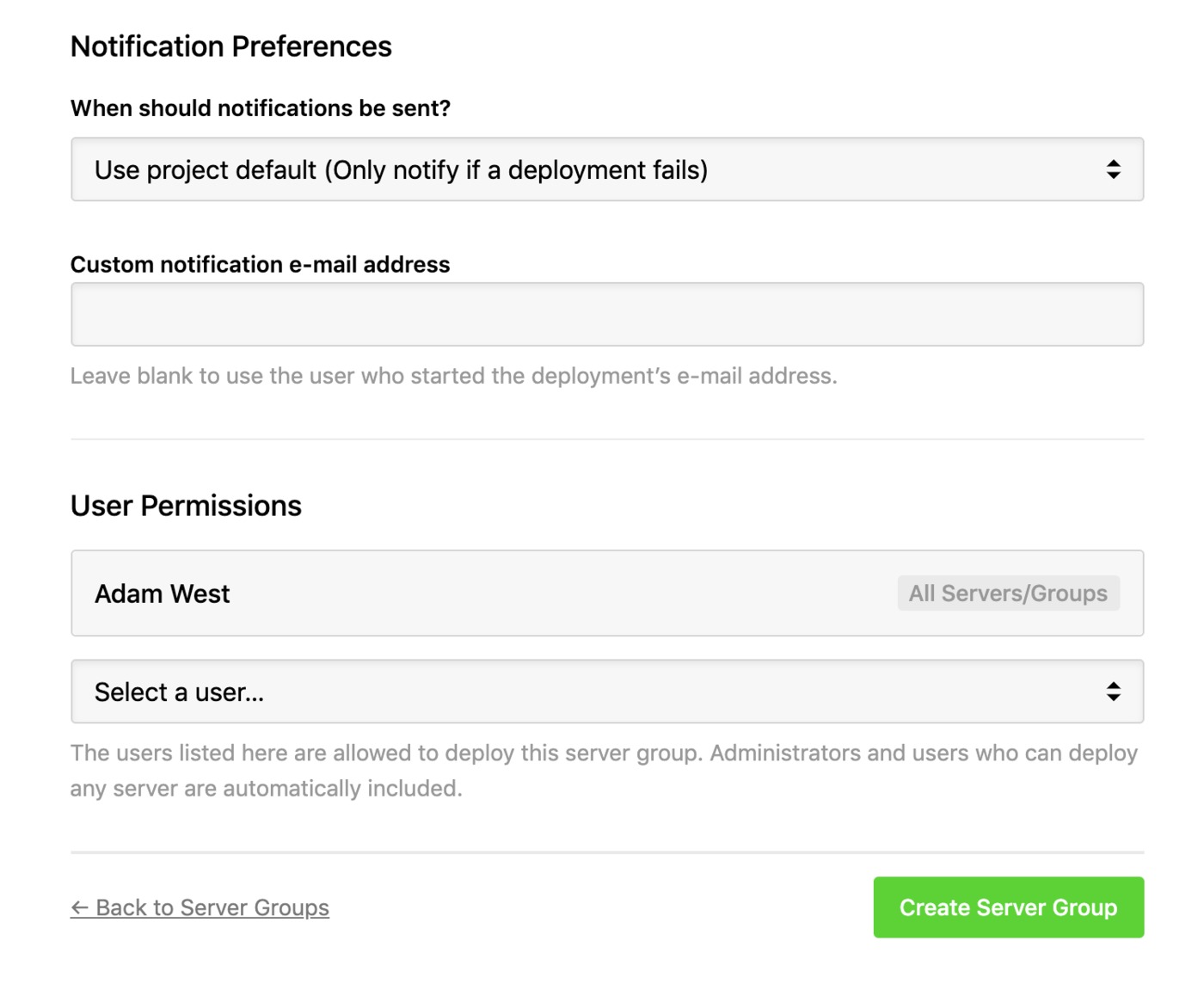 Server group user and notification preferences