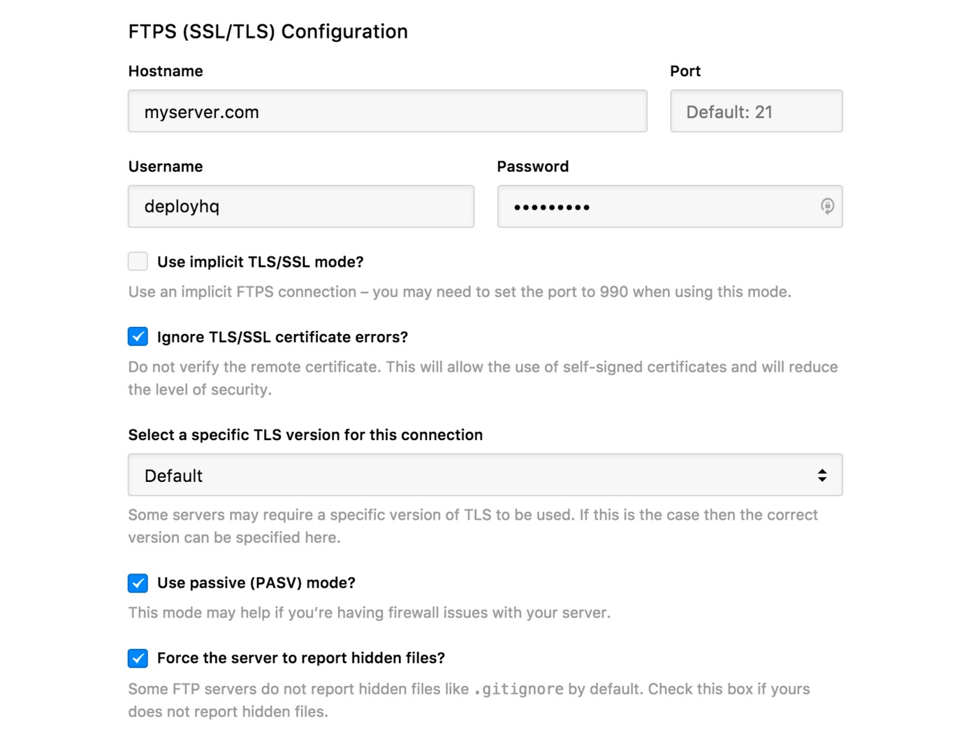 FTPS server settings